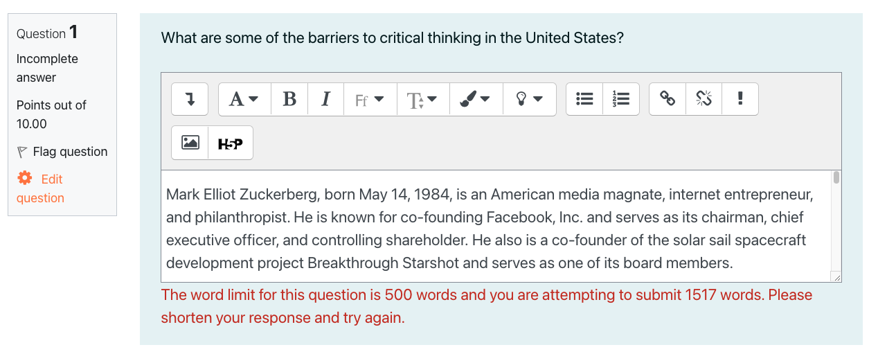 error will say "The word limit for this question is XX words and you are attempting to submit XX words."