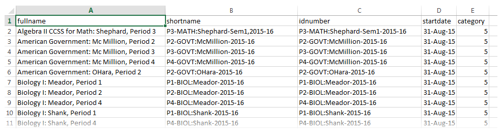 screenshot of spreadsheet formatted for course upload