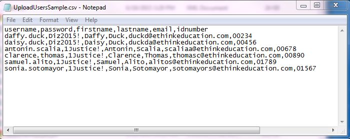 screenshot of a csv file containing six records of sample data for the user upload