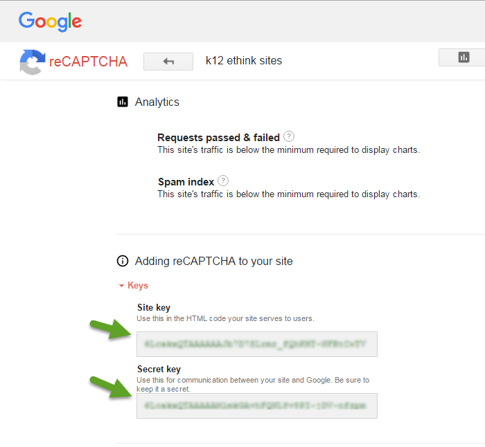 reCAPTCHA page with keys blurred out