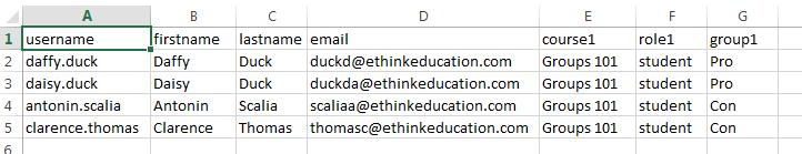 screenshot of spreadsheet with user data to create users and add them to a course